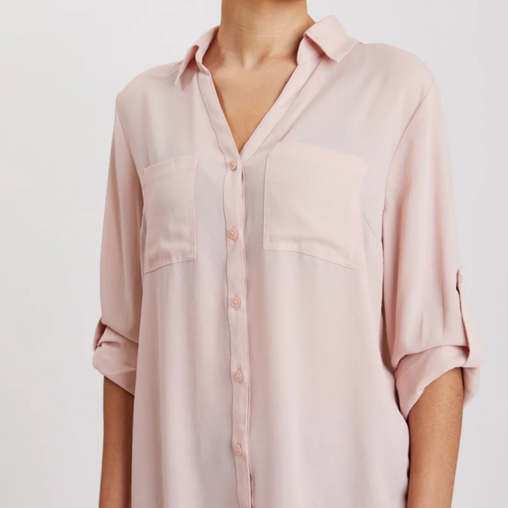 BCX Soft blush blouse with utility pockets and rolled sleeves